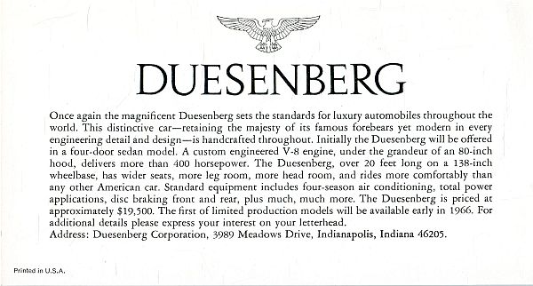 1966 Duesenberg Model D postcard-back