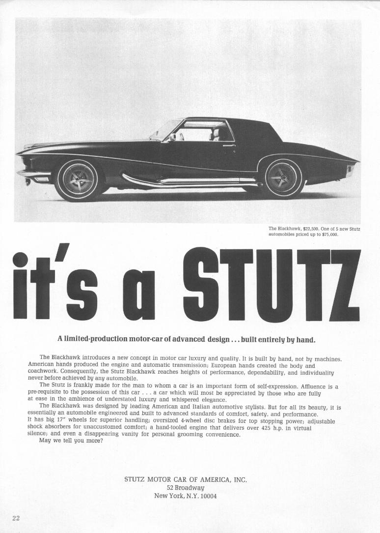 1970 Stutz Blackhawk "Built Entirely by Hand" Original Rare Ad